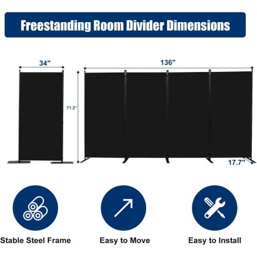 Room Divider 6FT Portable Room Dividers and Folding Privacy Screens, Fabric Divider for Room Separation, Partition Room Dividers Freestanding Wall Divider Screen Studio (Black, 4 Panel-136'')