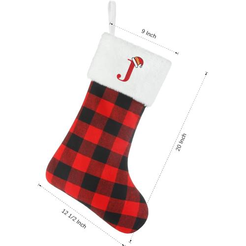 Senneny Christmas Stockings with Initials, 20 Inch Large Red Black Buffalo Plaid Monogram Xmas Stockings with White Plush Faux Fur Cuff, Christmas Decorations for Family Holiday Party, Letter D