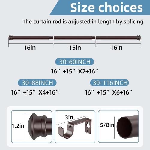 CorkLatta Bronze Curtain Rods for Windows 30 to 60 Inches with Brackets, Decorative 5/8 Inch Diameter Single Window Curtain Rod Set for Room Divider, Bedroom, Living room, Kitchen, Bathroom