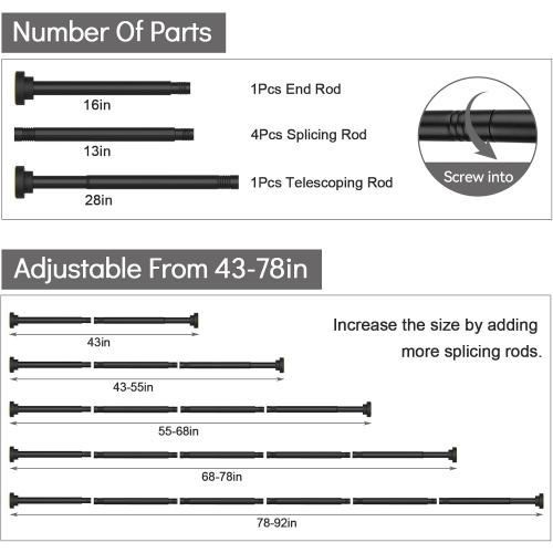 Shower Curtain Rod Adjustable 43-92 inch, 1Diameter Spring Tension Curtain Rod No Drill, Anti-Rust Non-Slip Shower Rod, Black Shower Curtain Rod for Bathroom Tension
