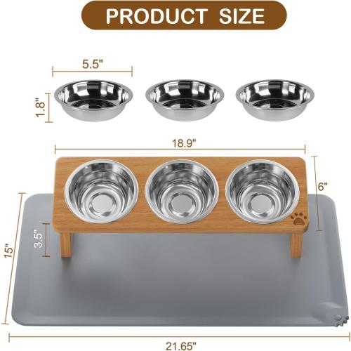 Elevated Cat Bowls with 3 Stainless Steel Bowls | 15° Tilted Anti-Vomiting Raised Cat Food Bowl with Solid Wood Stand and Silicone Pad for Cats and Small Pets Bowl(Warm Chestnut)