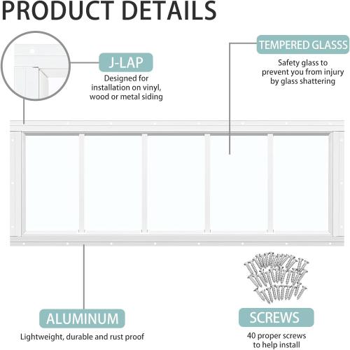 Tandefio 2 Pack 10'' X 29'' White Basement Garage Door Flush Mount Shed Window with Tempered Glass Household Windows with Screws for Chicken Coop Sheds Barns Playhouse