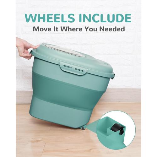 30-35 Lbs Dog Food Storage Container Collapsible Dog Food Container with Airtight Lids, Wheels, Scoop and 2pcs Food Storage Containers, Large Pet food storage for Dog, Cat (Green)