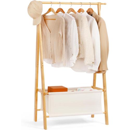 Bamboo Clothes Rack with Storage Box, Portable Extra Large Garment Rack Clothing Rack, Foldable Wardrobe For Entryway and Bed Room (M)