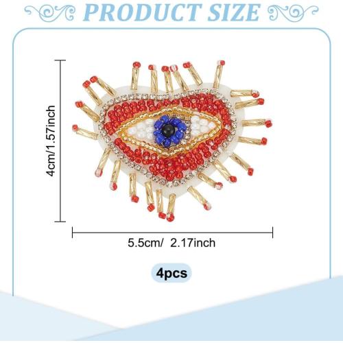 INFUNLY 4PCS Heart Rhinestone Tassel Applique Evil Eyes Applique Patches 2.87x2.87inch Love Heart Eyes Sew-on Patches Mini Handmade Craft Applique DIY Embroidered Beaded Patches for Clothing Decor