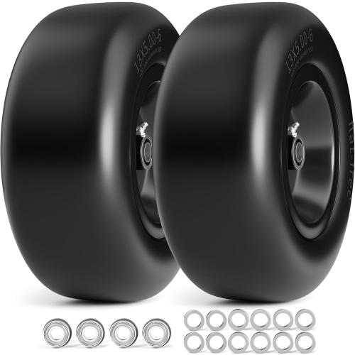13x5.00-6 Flat Free Lawn Mower Tire and Wheel, 13x5x6 Solid Front Tires for Zero Turn Mower, 500Lbs Load, 3/4, 5/8 and 1/2 Bearings, 4.33-6.73 Hub Spacers, 2Pack Black, TRK-TIR-1356FFBK