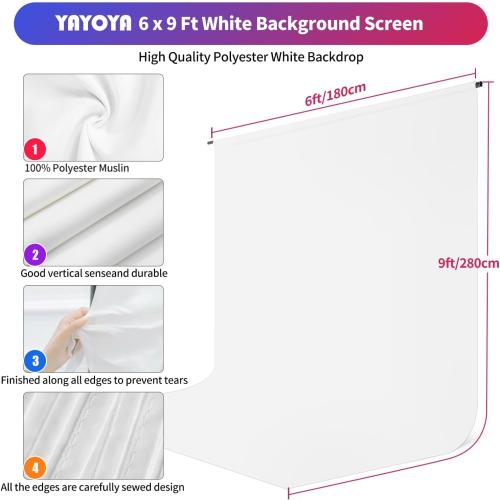 White Backdrop with Stand, 6x9 ft White Photo Backdrop Curtain with 6.3x6.5 ft Background Stand, Portable Back Drop Support Kit with Carrying Bag, 5 Strong Spring Clamps