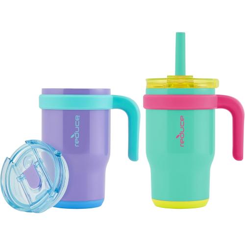 REDUCE 14 oz Coldee Tumbler with Handle for Kids - 2 Pack, Leakproof Insulated Stainless Steel Mug with Lid & Spill-Proof Straw, Keeps Drinks Cold up to 18 Hrs, Purple and Teal