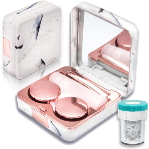 Contact Lens Case with Cleaner Washer, Portable Cute Eye Contacts Colored Lenses Applicator Remover Tool Kit with Mirror Solution Bottle Travel Size for Daily Outdoor (Square, Rose Gold)