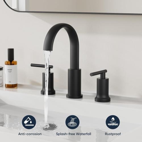 3 Matte Black Waterfall Bathroom Faucet 3 Hole, Widespread Two Handle Bathroom Sink Faucet Vanity Faucet, 8 Inch Bathroom Faucets for Sink with cUPC Supply Lines and Pop-Up Drain