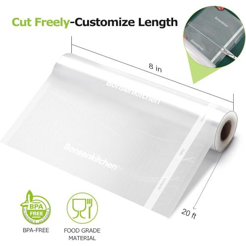 Bonsenkitchen Vacuum Food Sealer Rolls Bags, 2 Packs 8 in x 20 ft, BPA Free, Durable Commercial Customized Size Bags for Storage and Sous Vide Cooking,VB3206