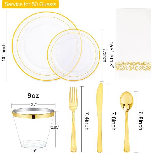 I00000 50 Guests Clear Gold Plastic Plates, Gold Disposable Dinnerware Set Includes: 100 Plastic Plates, 50 Silverware Set, 50 Disposable Cups, 50 Napkins Perfect for Party & Wedding
