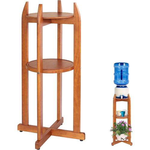 Natural Solid Wood Water Dispenser Stand (32.8Hight-11.2Wide) Ceramic Water Dispenser Floor Stand, 5 Gallon Water Jug Stand with 2 Round Shelfs Included for 1-5 Gallon Water Bottles/Crocks/Water Jug