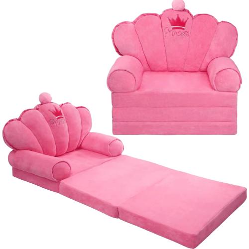 Pink Comfy Toddler Couch Sofa Lounger Toddler Bed for Seating Soft Princess Foldable Kids Couch Fold Out for Toddlers Children's Chairs for Birthday Gift 1-5