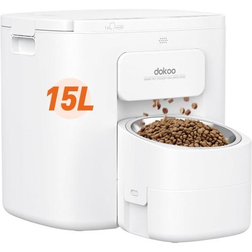 Dokoo Automatic Dog Feeder for Large Breeds, 15L/63 Cups Vacuum-Sealed | Airtight Auto Pet Feeder for Dry Food, Timed Feeding, Anti-Clog Dispenser 2-22mm Kibble, Voice Recorder, Stainless Steel Bowl