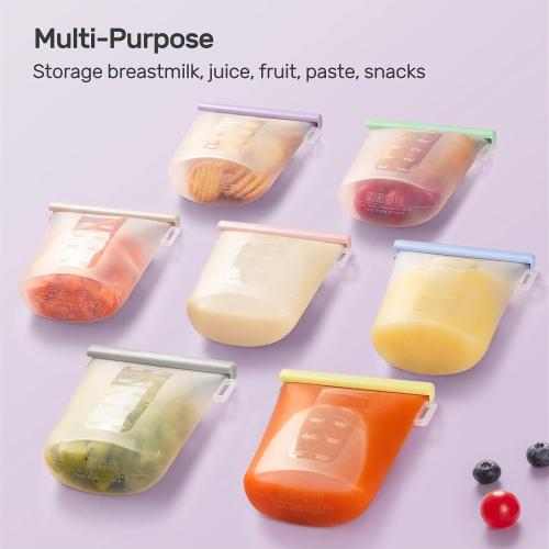 Nuliie 7 Pcs Reusable Silicone Breastmilk Storage Bags, 12oz/360ml Double Leak-Proof, BPA Free Self-Standing Milk Bags for Breastfeeding, Baby Food Pouches