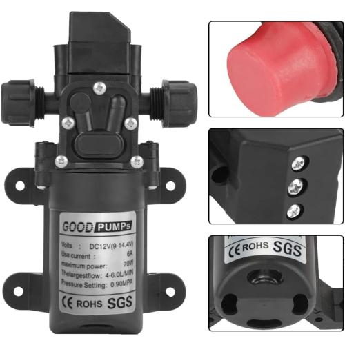 12 Volt Diaphragm Pump 70W Self Priming Pump 12V(9-14.4V) Amps- 6A- Rated power 72W- thelargestflow : 6L/MIN. pressure setting: 0.9MPA.