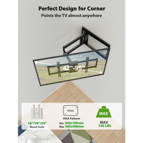 USX Mount Long Arm TV Wall Mount for Most 42-90 inch Television 40 Inch Extension Full Motion TV Mount，Wall Mount Bracket with 90°Swivel Up to 150lbs Fits 16” 18” 20” 24” Stud VESA 800x400mm