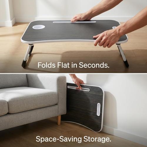 BUYIFY Foldable Lap Desk for Laptop & Writing - 23 inch Bed Tray Table with Cup Holder & Tablet Slot - Portable Notebook Stand for Eating, Sofa, Couch & WFH Students (Black)