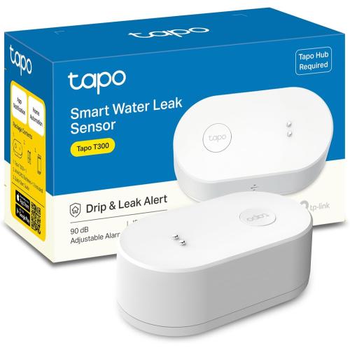 White TP-Link Tapo Smart Water Leak Detector, Requires Tapo Hub, Water Leak Sensor Wi-Fi with Rapid Dripping Detection, 90dB Adjustable Alarm, App Alerts, Compatible with Alexa and Google Home, T300