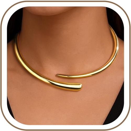 Statement Chunky Gold Collar Necklace for Women,Teardrop Open Cuff Choker with Spring-Hinged Clasp, Modern Torque Bangle Design, Elegant Thick Wrap Fashion Jewelry Gift