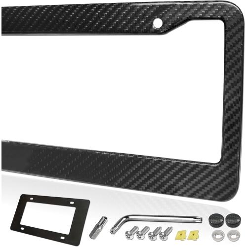 Carbon Fiber License Plate Frame- Stainless Steel Car Tag Holder Wrapped with Real Carbon Fiber, 2 Hole Wide Edge, Anti-Theft Screws Caps, Rattle-Proof Pad, 1 Pack for Front or Rear