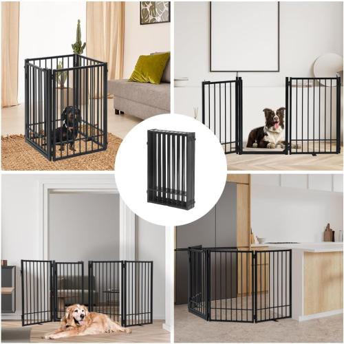 Metal Freestanding Dog Gate with Door, Extra Wide 81, 31 Height Foldable Dog Gates for Doorways, Tall Pet Fence Indoor Outdoor Pet Gates, 4 Panels Pet Barrier for Stairs Hallways, Black
