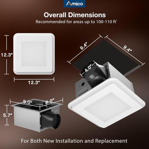 Amico Bathroom Exhaust Fan with Light, 110CFM, 1.0 Sones, 1000 LM, 5CCT, Ceiling Mount Shower Bathroom Fan, Adjustable Exhaust Vent with light, ETL & FCC Certified