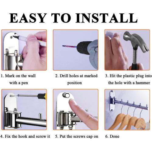 Clothes Hanger Rack Swing Arm, Folding Clothes Hanger Wall Mounted Space Saving Drying Rack, Stainless Steel 304 Laundry Room Valet Hook Holder, Foldable Hanging Hook Rod (Silver)