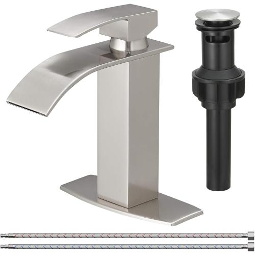 BESy Waterfall Bathroom Faucet, Single Handle Bathroom Vanity Sink Faucet, Rv Faucet Deck Plate, Stainless Steel Brushed Nickel, 1 or 3 Hole with Pop Up Drain
