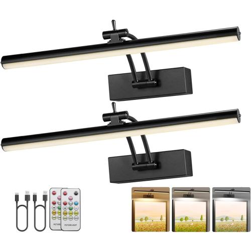 Yuichoy 2 Pack Picture Lights for Wall Battery Operated, 12 inch Wireless Art Lighting for Painting, 6 Colors Picture Frame Lights with Remote, Dimmable 4200mAh Gallery Light, Black