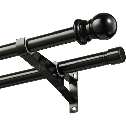 Heavy Duty 1 Inch Black Double Curtain Rod, Splicing Adjustable Design for Windows 66 to 120 Inches, with Snap-On Brackets & Decorative Finials for Sliding Doors & Living Room