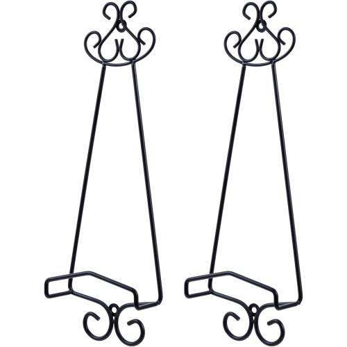 MyGift Set of 2 Vertical Hanging Collectible Plate Holders, Wall Mounted Matte Black Metal Wire Vintage Scrollwork Display Racks, Holds 8 to 11 Inch Plates