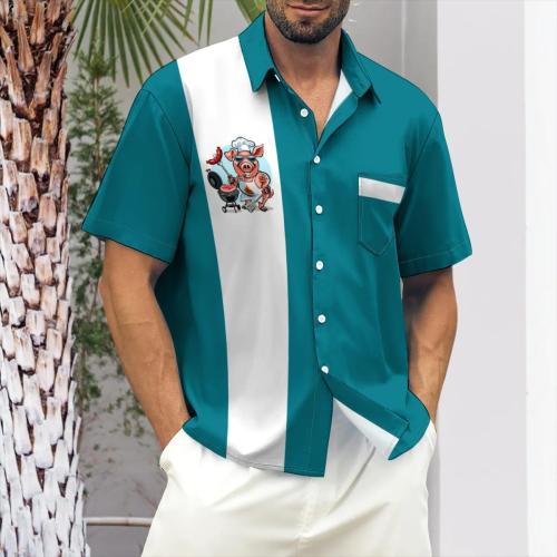 Men's Funny Hawaiian Shirts Pig BBQ Printed Short Sleeve Button-Up Bowling Shirt Regular Fit Casual Aloha Beach Tops