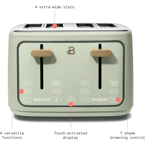 4 Slice Toaster with Touch Control Panel, 1800W Fast Heating, 7 Toast Shade Levels, Extra Wide Slots for Bagels, Removable Crumb Tray (Sage Green)