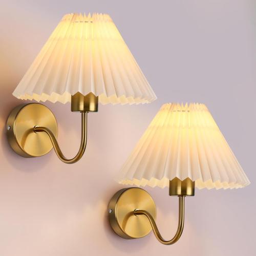 Gold Wall Sconces Sets of 2, Indoor Wall Light Fixtures with Fabric Lampshade, Pleated Fabric Wall Lamp Dresser Hardwired Lamp Wall Lighting Fixture for Bedroom Living Room Porch Dining Room