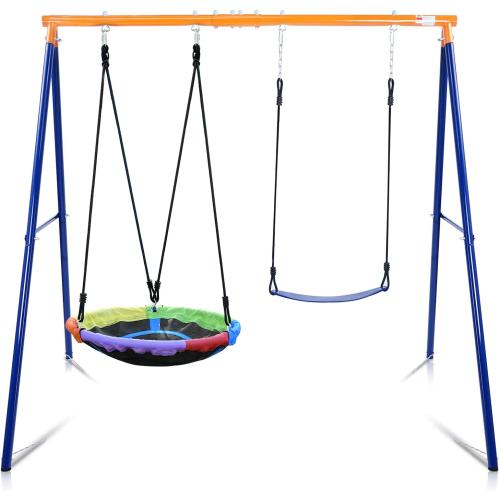 Swing Set for Backyard, 440lbs Swing Set with Heavy-Duty A-Frame Metal Stand, 1 Saucer Swing Seat & 1 Belt Swings Seat