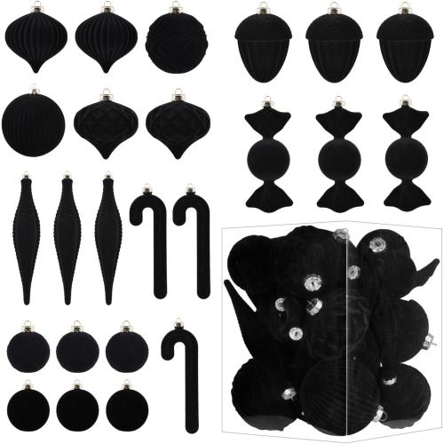 Velvet Ornaments for Christmas Tree Decorations - Black Flocked Christmas Ornament Set for Winter Holiday Decor - Shatterproof Xmas Balls Ornaments Bulk - Pack of 24