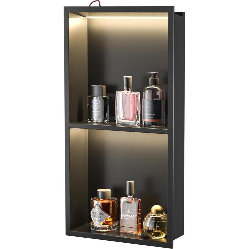 Stainless Steel Led Shower Niche Black 24 X 12 No Tile Needed | Recessed niche matte black w/ 2-tier shelf,Led driver UL listed,vertical niche,non-dimmable,3000K warm light IP66 waterproof