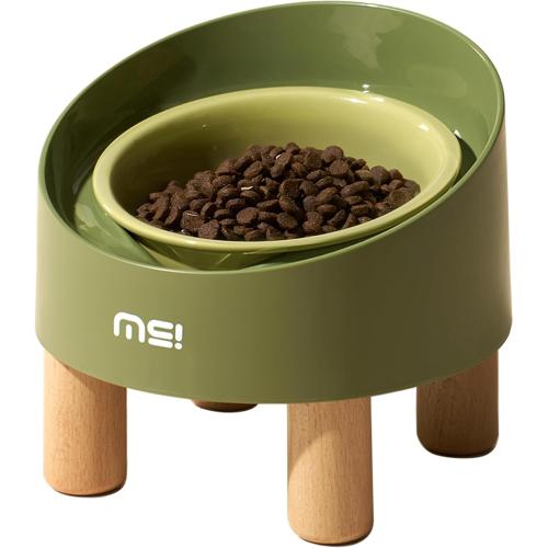 MS!MAKE SURE Cat Bowls, Adjustable Elevated Ceramic Cat Bowls with Anti-Slip Rubber Pad, Splash Guard, Lead & Cadmium Free, Whisker Friendly, for Puppies & Cats - 5.1 Wide, 295ML (10 oz), Green