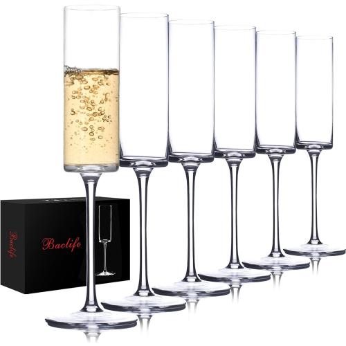BACLIFE Crystal Champagne Flutes Set of 6 - Hand Blown Champagne Glasses With Long Stem - 6.5 oz Elegant Sparkling Wine Stemware - Unique Gift for Christmas Day,Birthday,Wedding - Clear