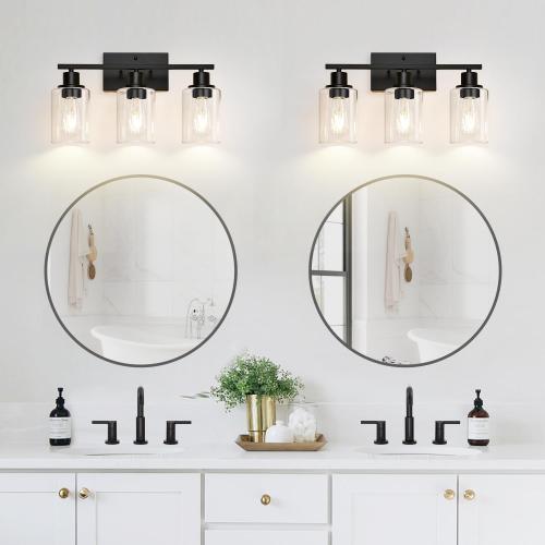 Black 3 Light Bathroom Light Fixtures, Matte Black Modern Vanity Lights with Clear Glass Shade, Bathroom Wall Lamp for Mirror Kitchen Living Room Hallway Cabinet Porch