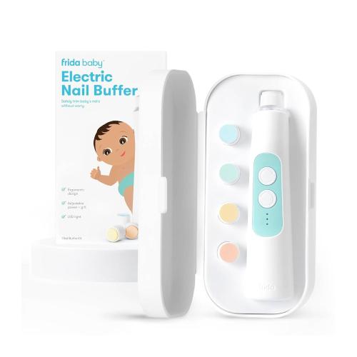 Frida Baby Electric Nail Buffer | Safe   Easy Baby Nail File, Baby Nail Clippers   Nail Trimmer Kit for Newborn, Toddler, Children's Fingernails/Toenails, 4 Buffer Pads, LED Light, Storage Case, White