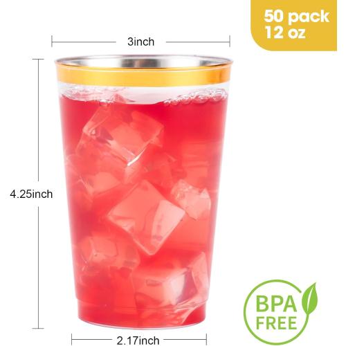 Goodluck 50PCS 12oz Gold Plastic Cups for Party, Disposable Gold Rim Cups, Plastic Cocktail Glasses for Wedding Thanksgiving, Christmas, and Parties