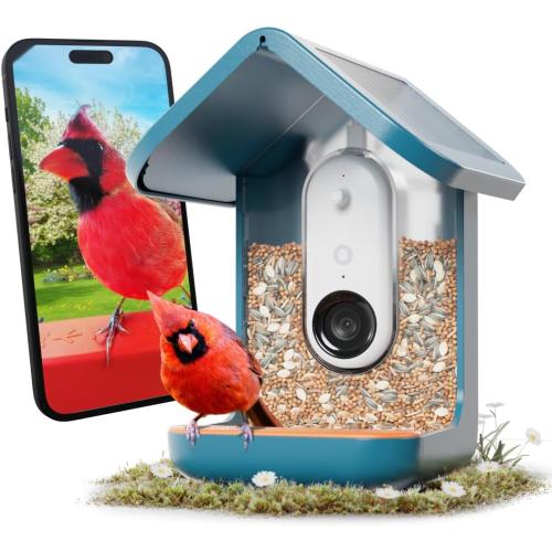 Birdbuddy PRO Solar Smart Bird Feeder with Camera - AI Bird Species Identification, 5MP Photos, 2K HD Video Live Stream Camera, Slow-Motion Video, 2.6in Focus - Blue Solar