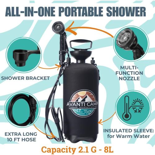 2.1 Gallon Pressurized Portable Camping Shower | 10-Mode Spray Head | Premium Neoprene Insulated Sleeve & Padded Shoulder Strap | Rinse Kit for Surf, Sand, RV, Road Trips & Pets | Black