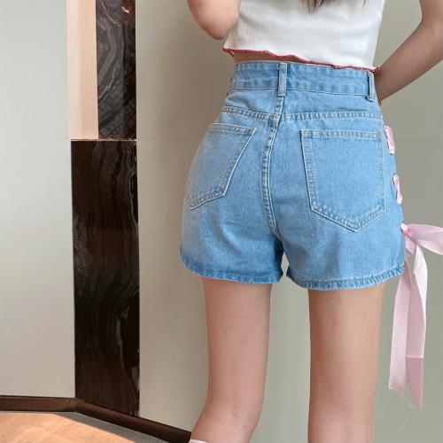 Size M...Y2K Clothes Casual High Waisted Wide Leg A-Line Vintage Pink Ribbon Trim Denim Shorts for Women
