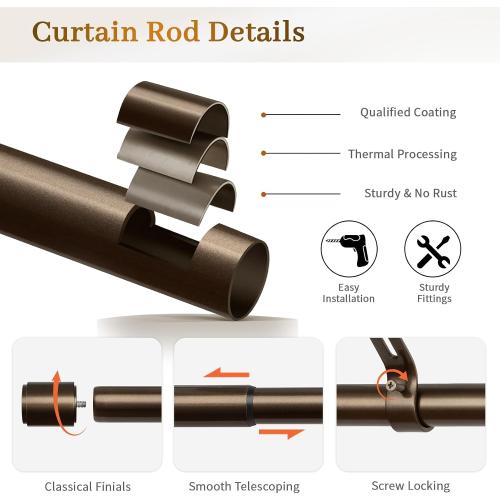 Curtain Rods for Windows 48 to 84, Bronze Curtain Rod, 1 Inch Heavy Duty Decorative Drapery Rods with Adjustable Length for Living Room, Bedroom, Outdoor/Indoor