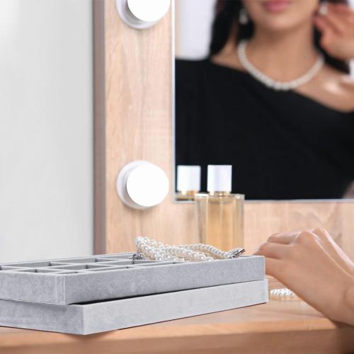 Grey 4 Pack Lainrrew Jewelry Tray, 4 Pack Jewelry Organizer Velvet Jewelry Tray Stackable Jewelry Trays, Necklace & Earring Holder, Divided Bracelet & Ring Storage- Elegant Display Case (Gray)