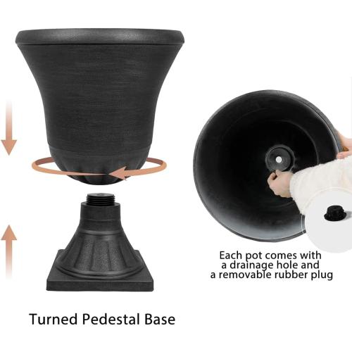 Worth Garden 2-Pack Plastic Urn Planters for Outdoor Plants, 22'' Black Tall Round Classic Resin Traditional Flower Pots - 15 in. Dia. Large Imitation Stone Decorative Pot Patio Deck Front Porch